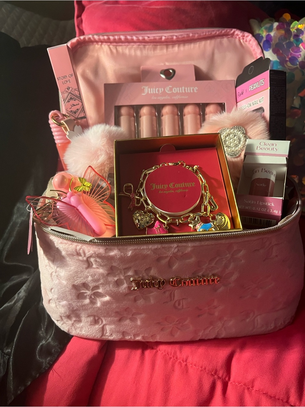 Juicy Couture Pink Quilted Cosmetic Case with Charm Bracelet Gift Set